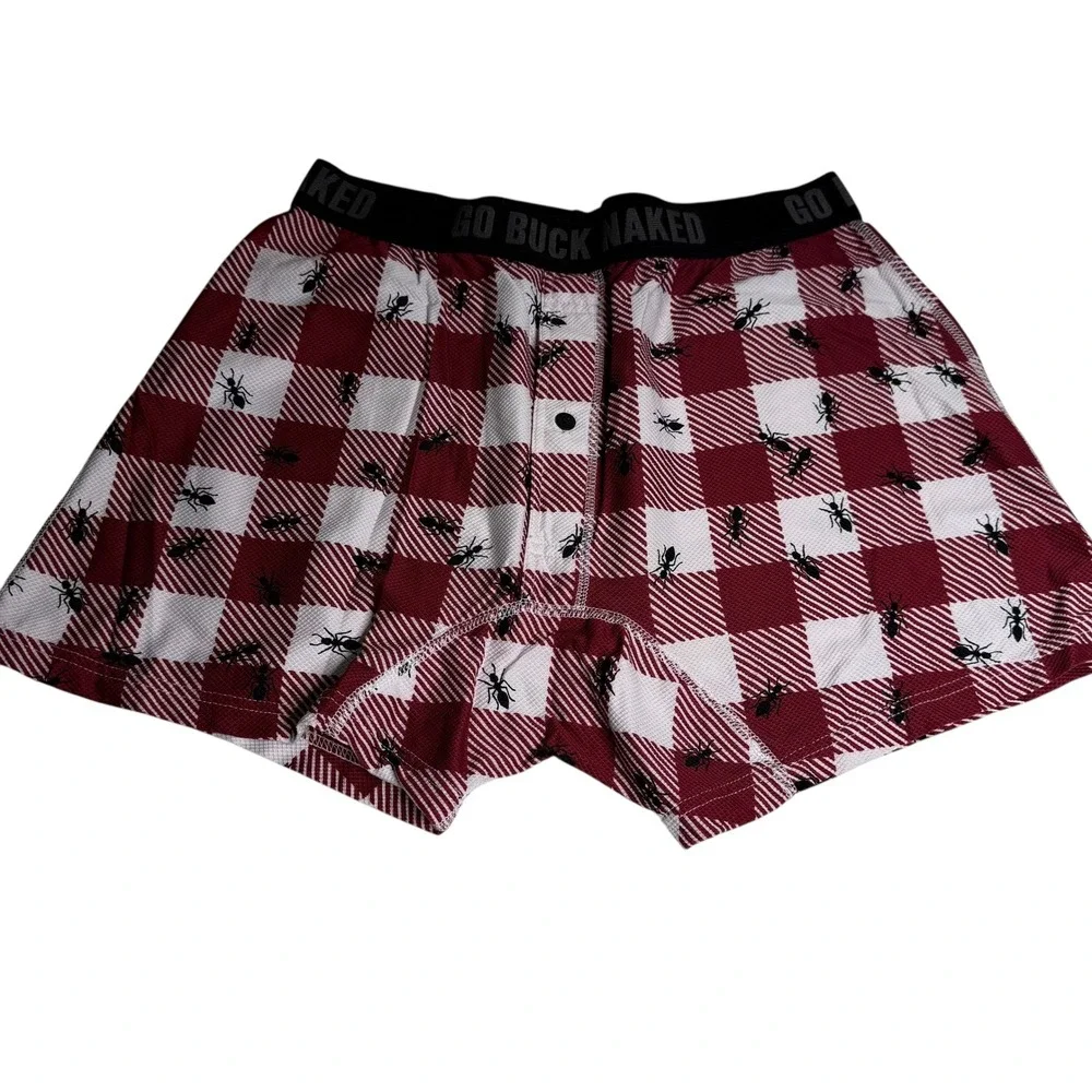 Go Buck Naked Mens Boxer Briefs Red White Gingham Ant Print Size Medium